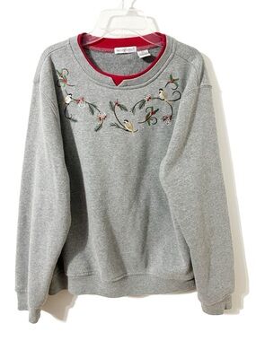 Vintage Hasting & Smith Petites Embroidered Winter Birds Sweatshirt PL Gray